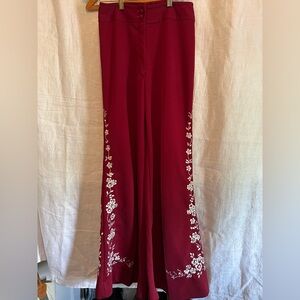 Vintage Elegant Red Wide Leg Trousers with White Embroidery